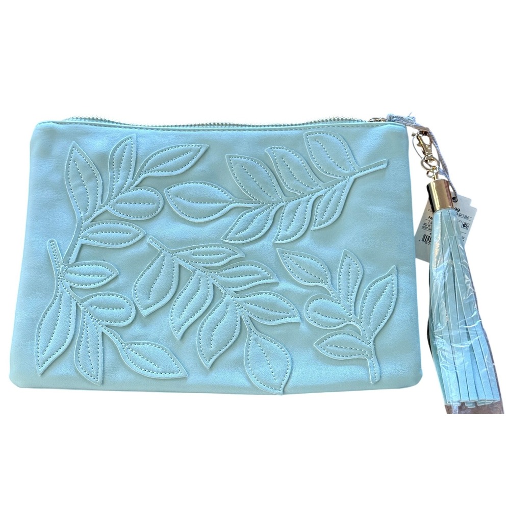 A New Day Leaf Applique Clutch Bag Tassel Light Blue 10x7 Faux Leather Womens